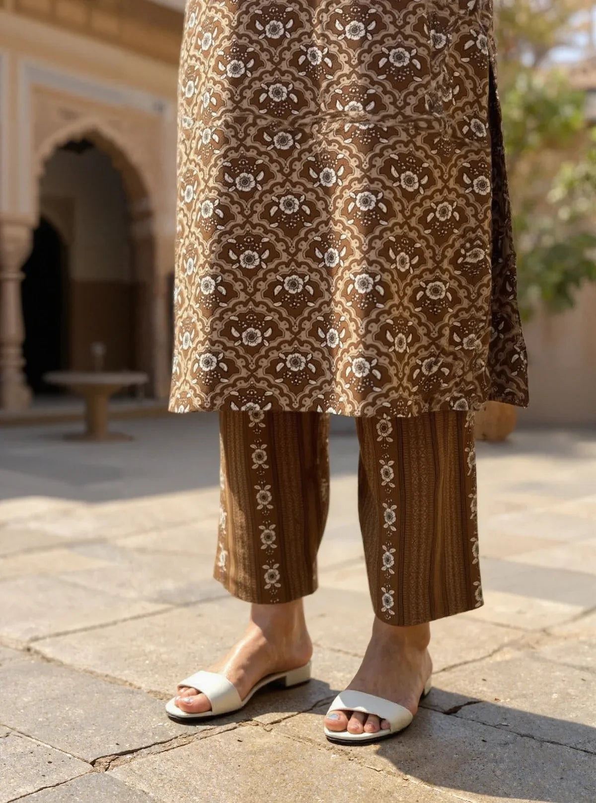 Buy Cotton Embroidered Anarkali Calf Length Kurta with Pant and Dupatta-Brown