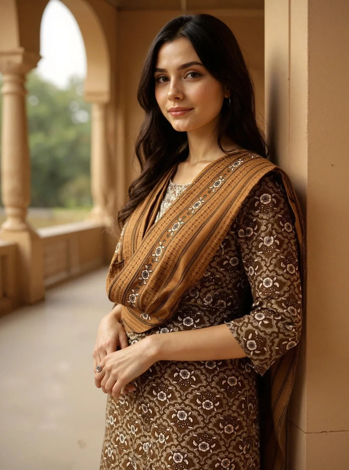 Buy Cotton Embroidered Anarkali Calf Length Kurta with Pant and Dupatta-Brown