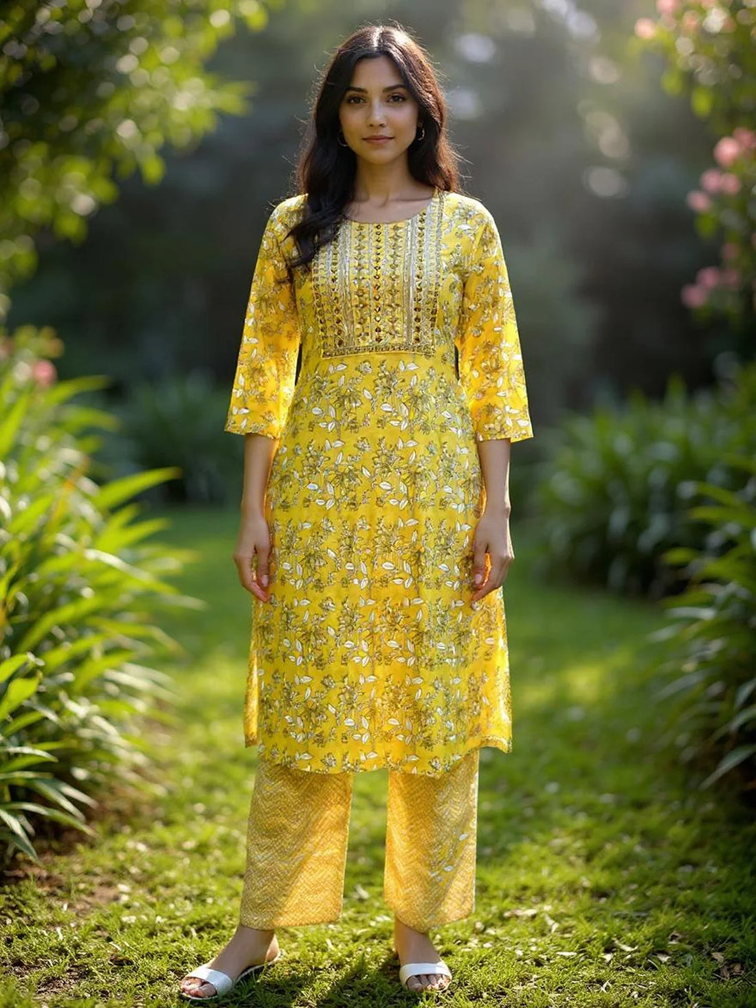 Buy Rayon Embroidered Straight Calf Length Kurta with Pant-Yellow