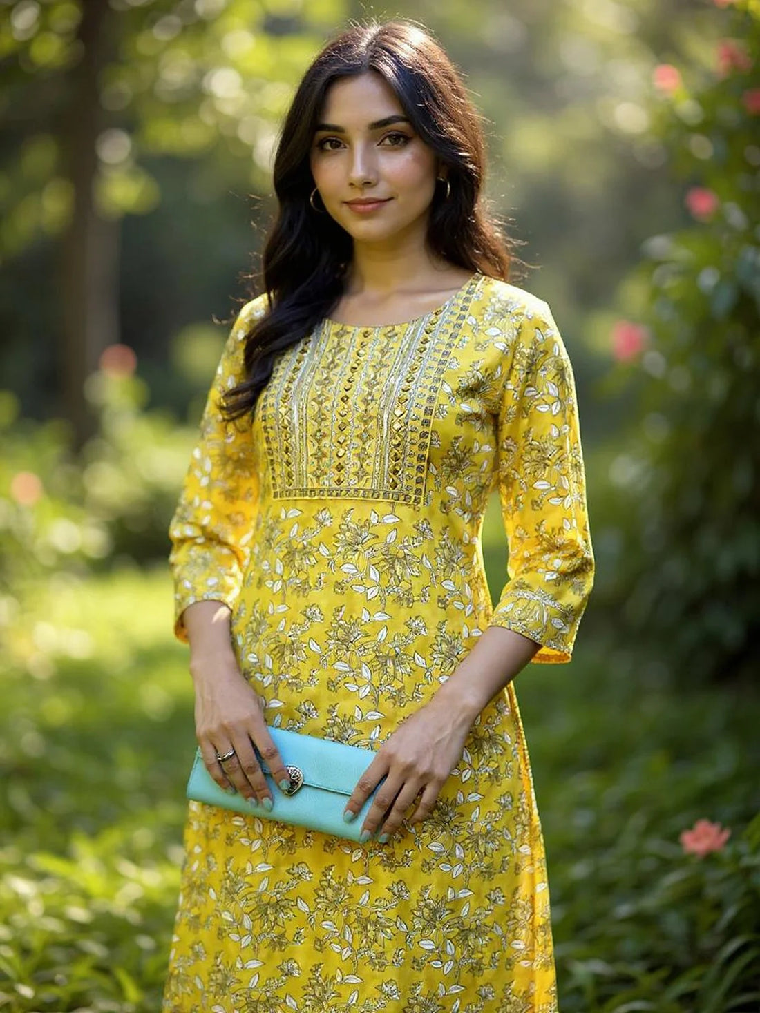 Buy Rayon Embroidered Straight Calf Length Kurta with Pant-Yellow