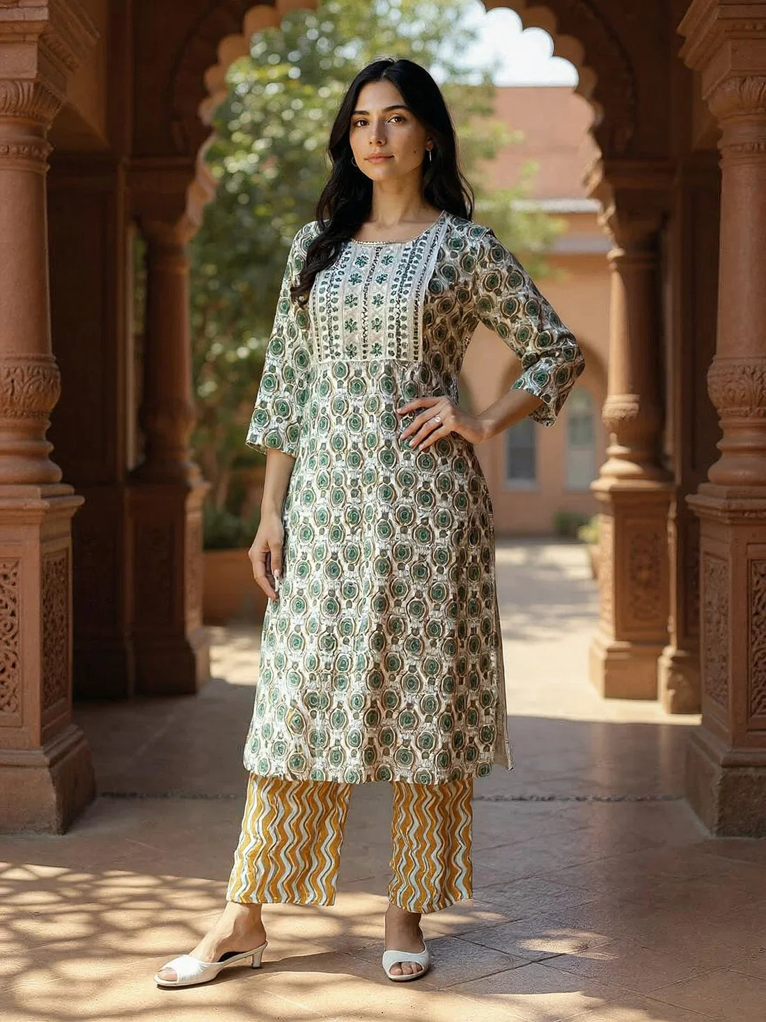 Buy Rayon Embroidered Straight Calf Length Kurta with Pant-Green