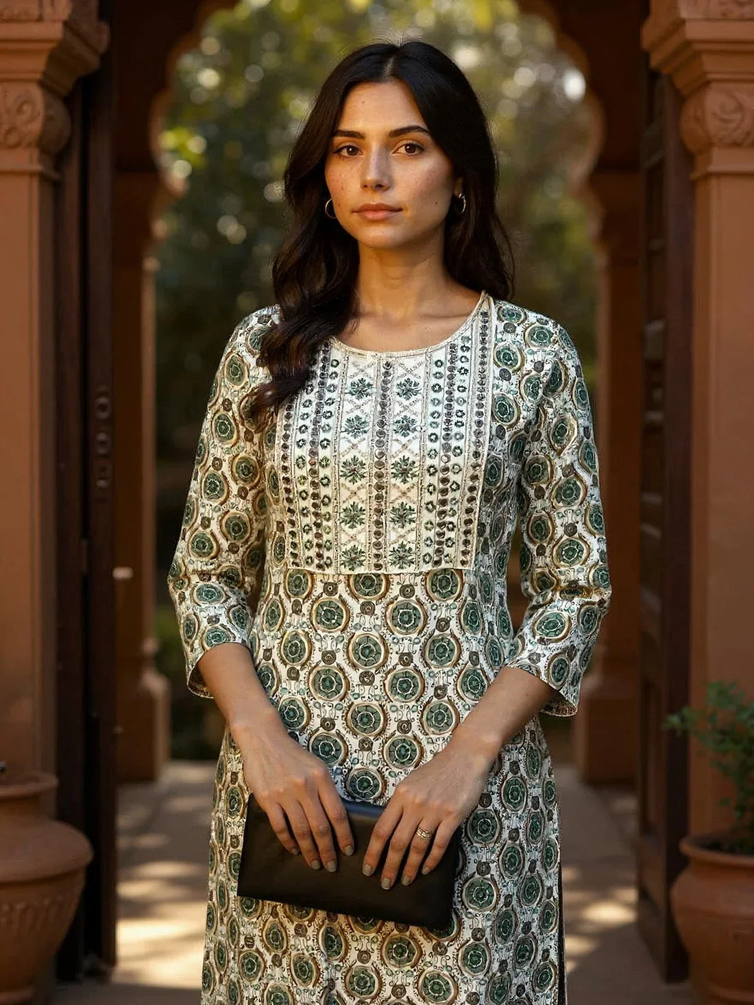 Buy Rayon Embroidered Straight Calf Length Kurta with Pant-Green