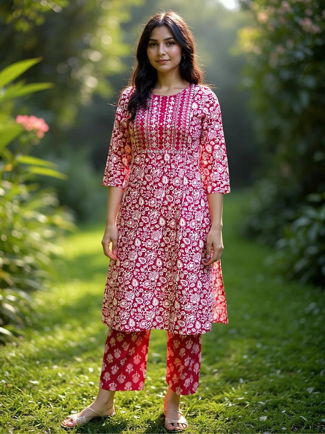 Buy Rayon Embroidered Straight Calf Length Kurta with Pant-Pink