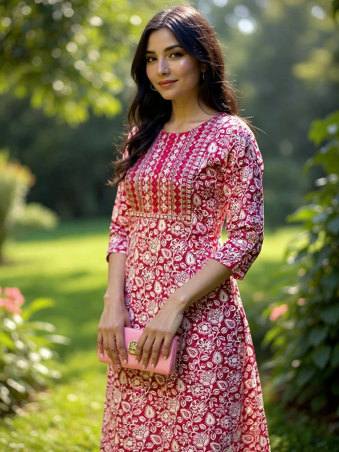 Buy Rayon Embroidered Straight Calf Length Kurta with Pant-Pink