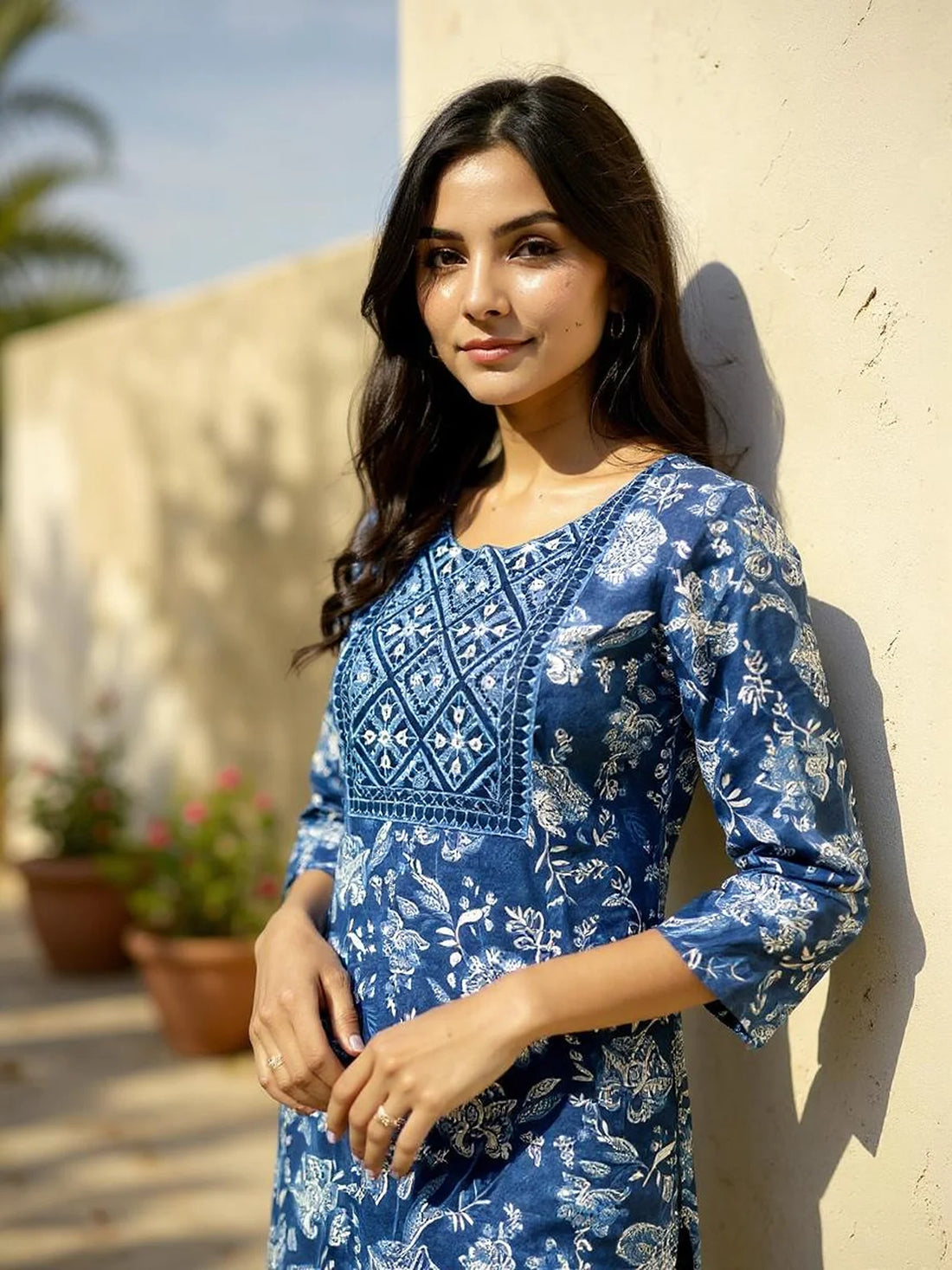 Buy Cotton Embroidered Straight Calf Length Kurta with Pant-Blue