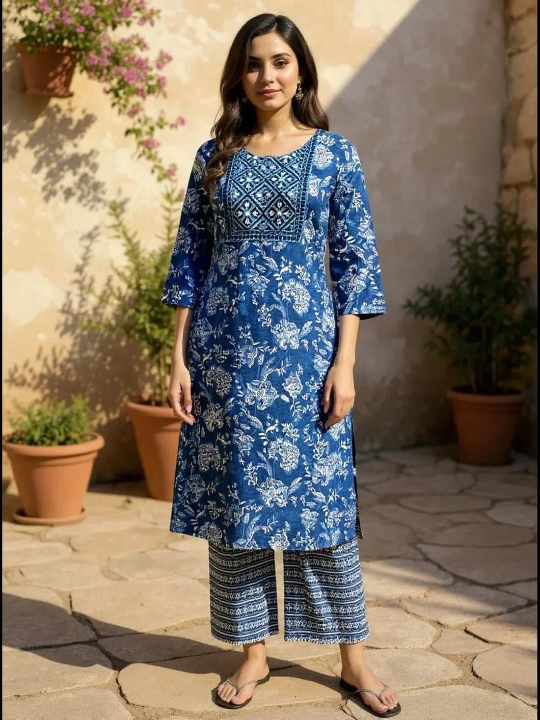 Buy Cotton Embroidered Straight Calf Length Kurta with Pant-Blue