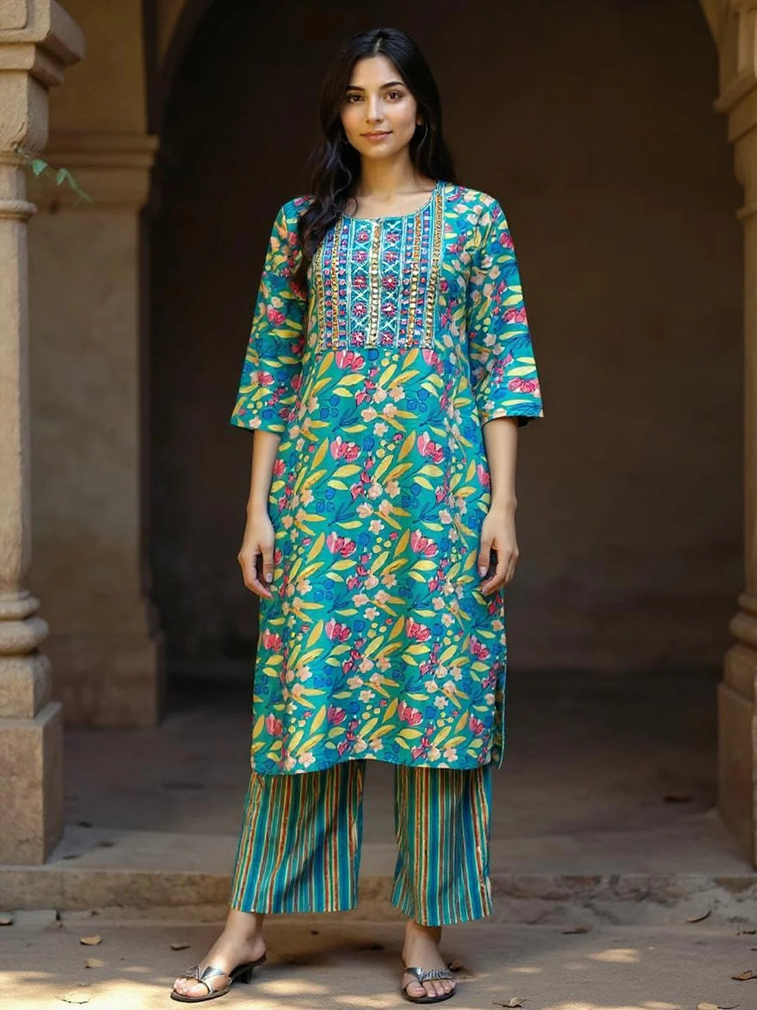 Buy Rayon Embroidered Straight Calf Length Kurta with Pant-Teal