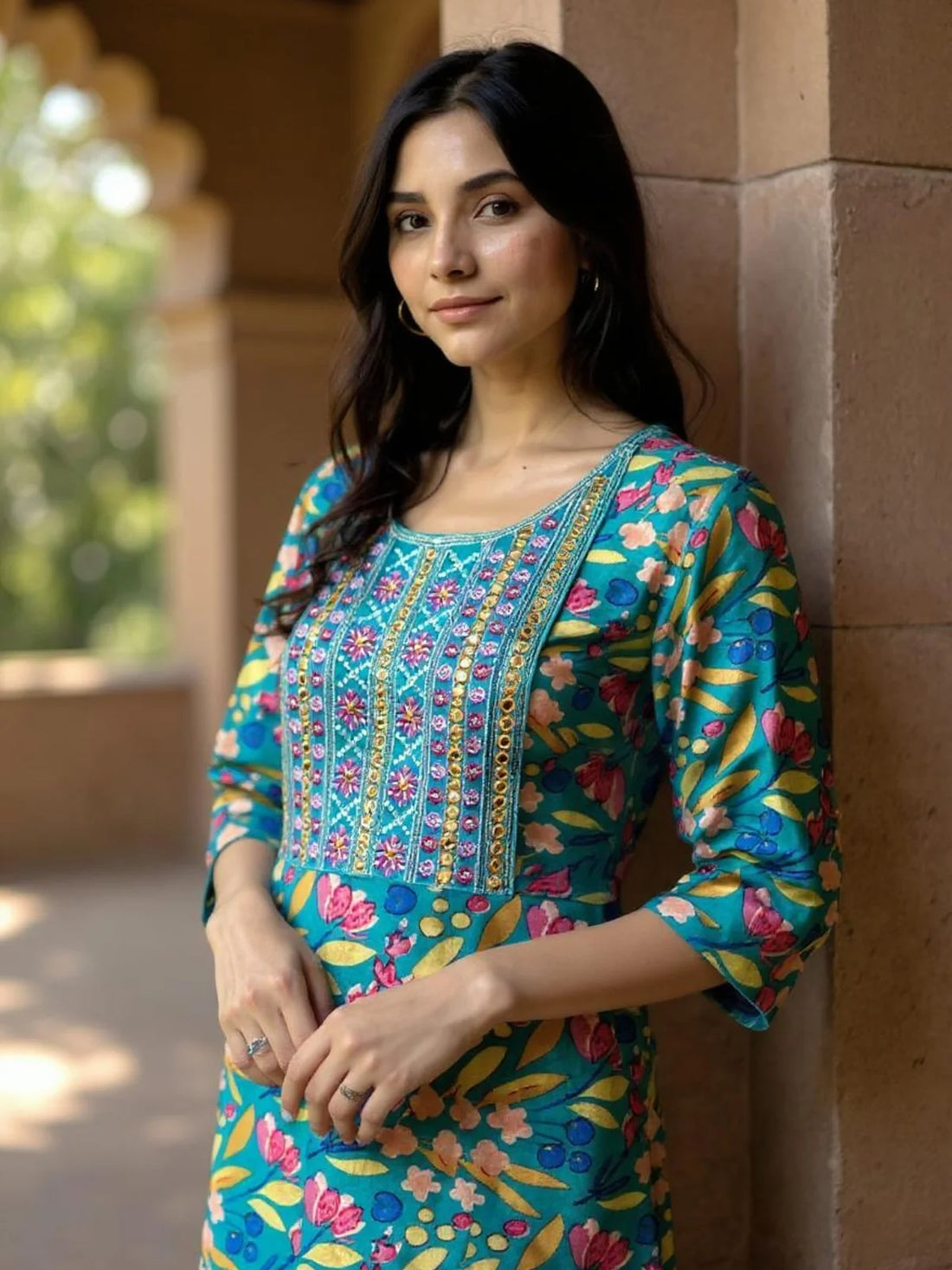 Buy Rayon Embroidered Straight Calf Length Kurta with Pant-Teal