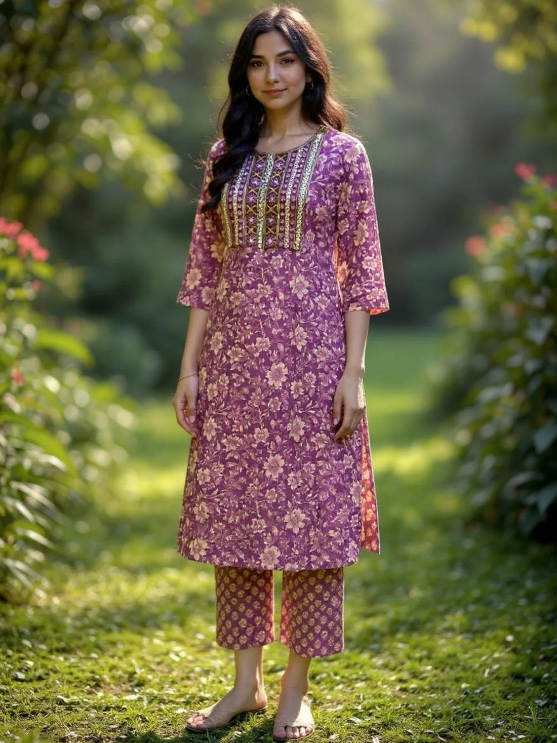 Buy Cotton Embroidered Straight Calf Length Kurta with Pant-Wine