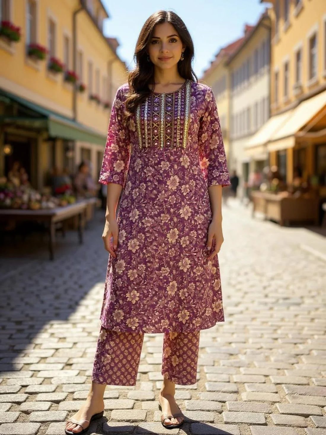 Buy Cotton Embroidered Straight Calf Length Kurta with Pant-Wine