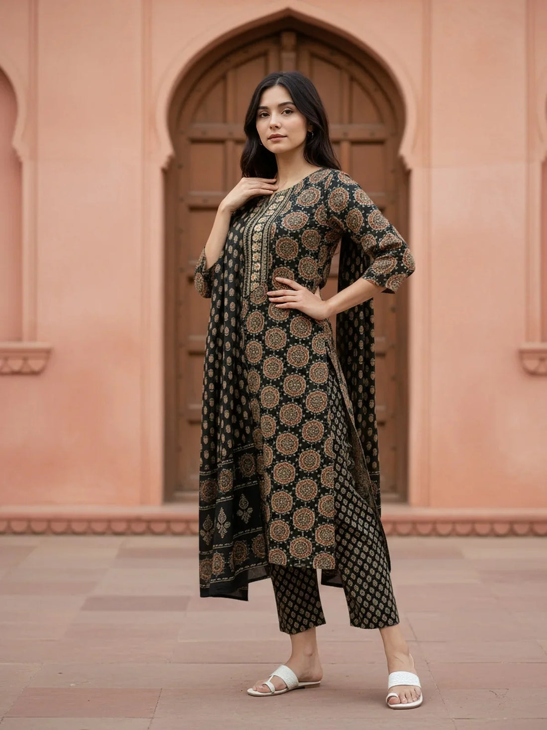 Buy Rayon Embroidered Straight Calf Length Kurta with Pant and Dupatta-Black