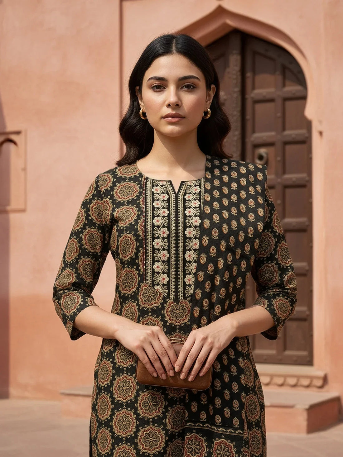 Buy Rayon Embroidered Straight Calf Length Kurta with Pant and Dupatta-Black