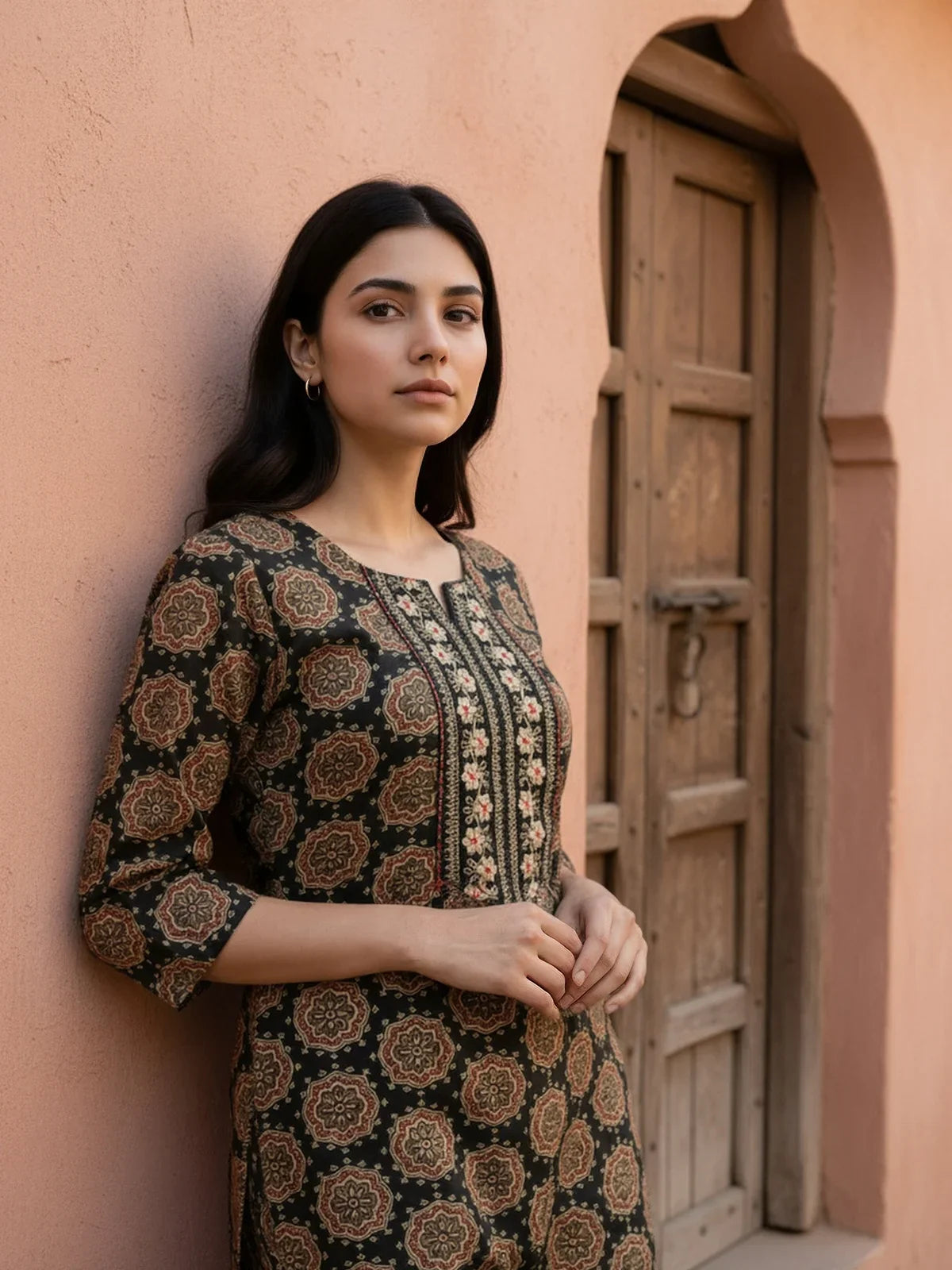 Buy Rayon Embroidered Straight Calf Length Kurta with Pant and Dupatta-Black