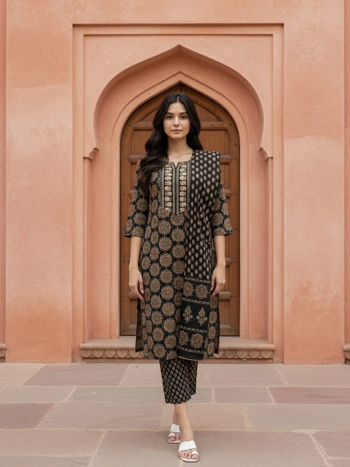 Buy Rayon Embroidered Straight Calf Length Kurta with Pant and Dupatta-Black