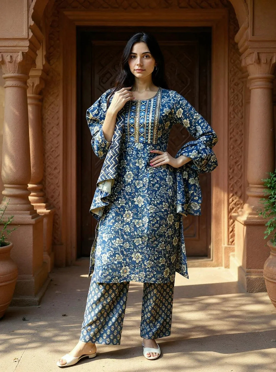 Buy Cotton Embroidered Straight Calf Length Kurta with Pant and Dupatta-Blue