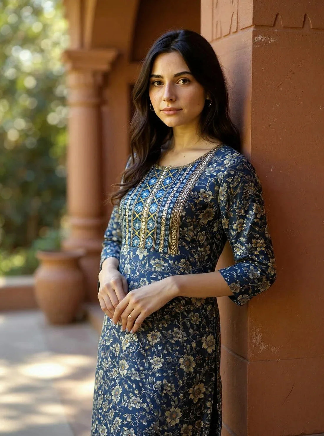 Buy Cotton Embroidered Straight Calf Length Kurta with Pant and Dupatta-Blue