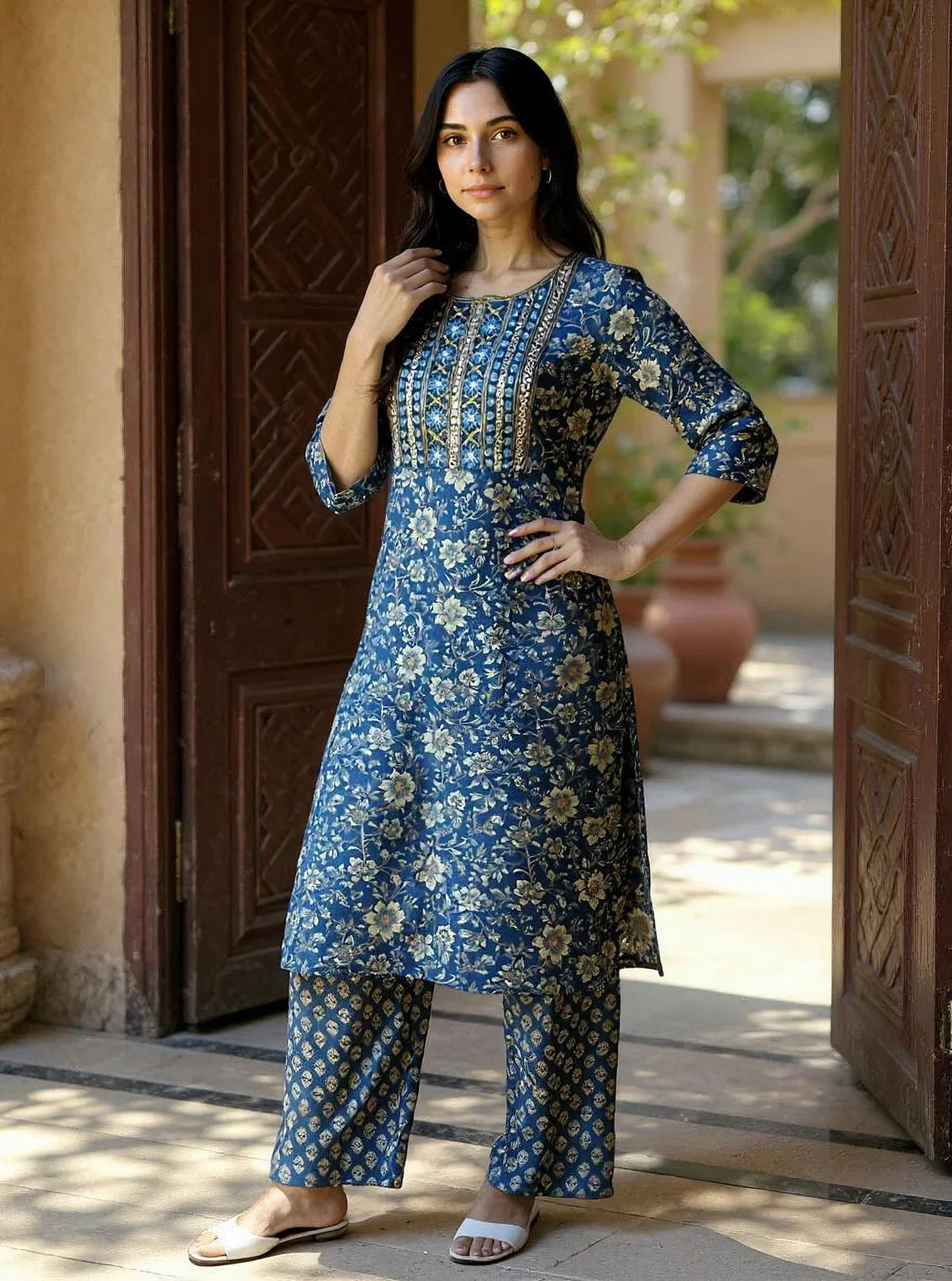 Buy Cotton Embroidered Straight Calf Length Kurta with Pant and Dupatta-Blue
