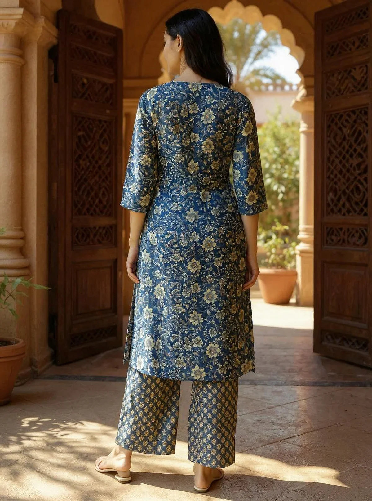 Buy Cotton Embroidered Straight Calf Length Kurta with Pant and Dupatta-Blue
