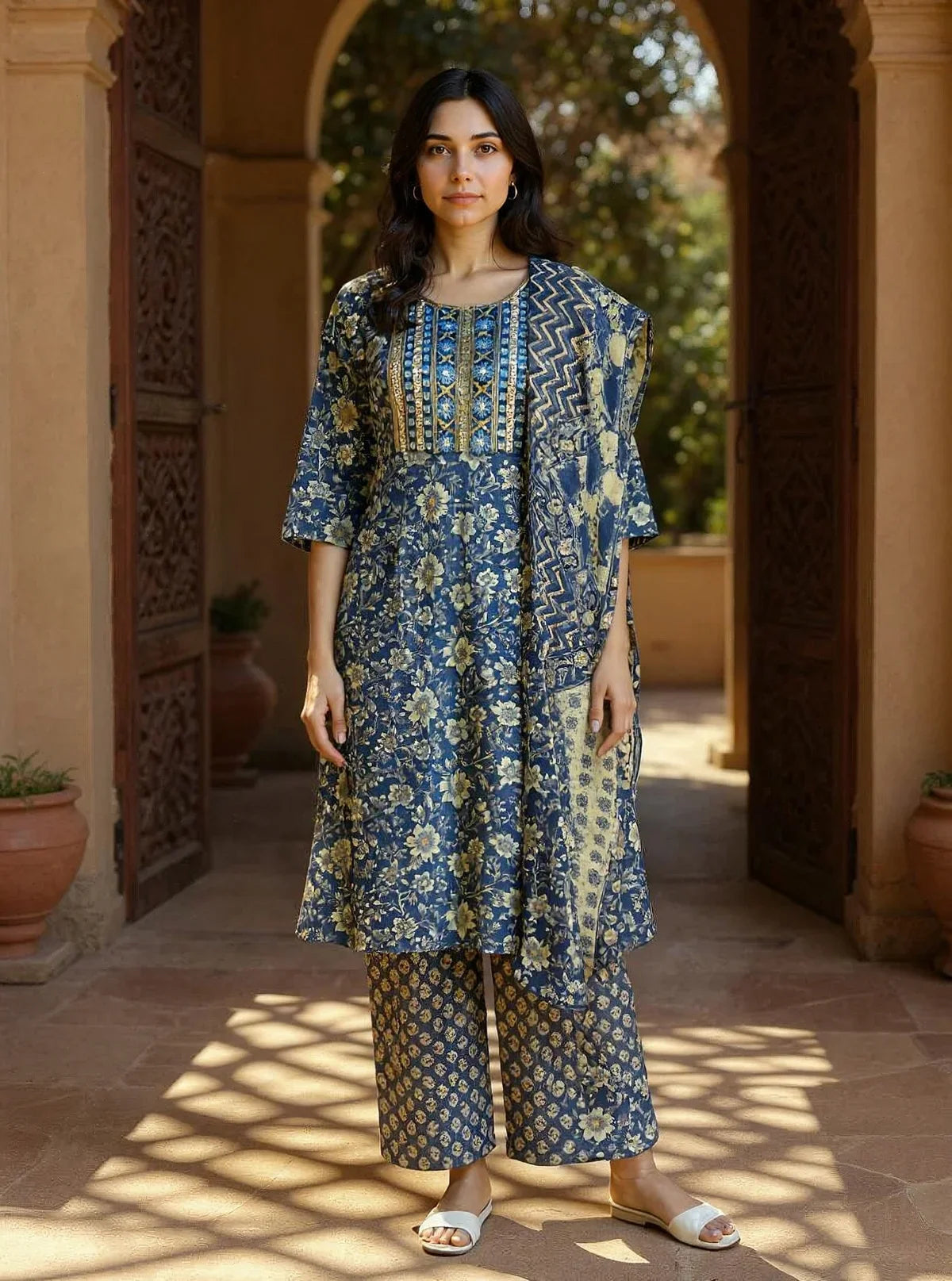 Buy Cotton Embroidered Straight Calf Length Kurta with Pant and Dupatta-Blue