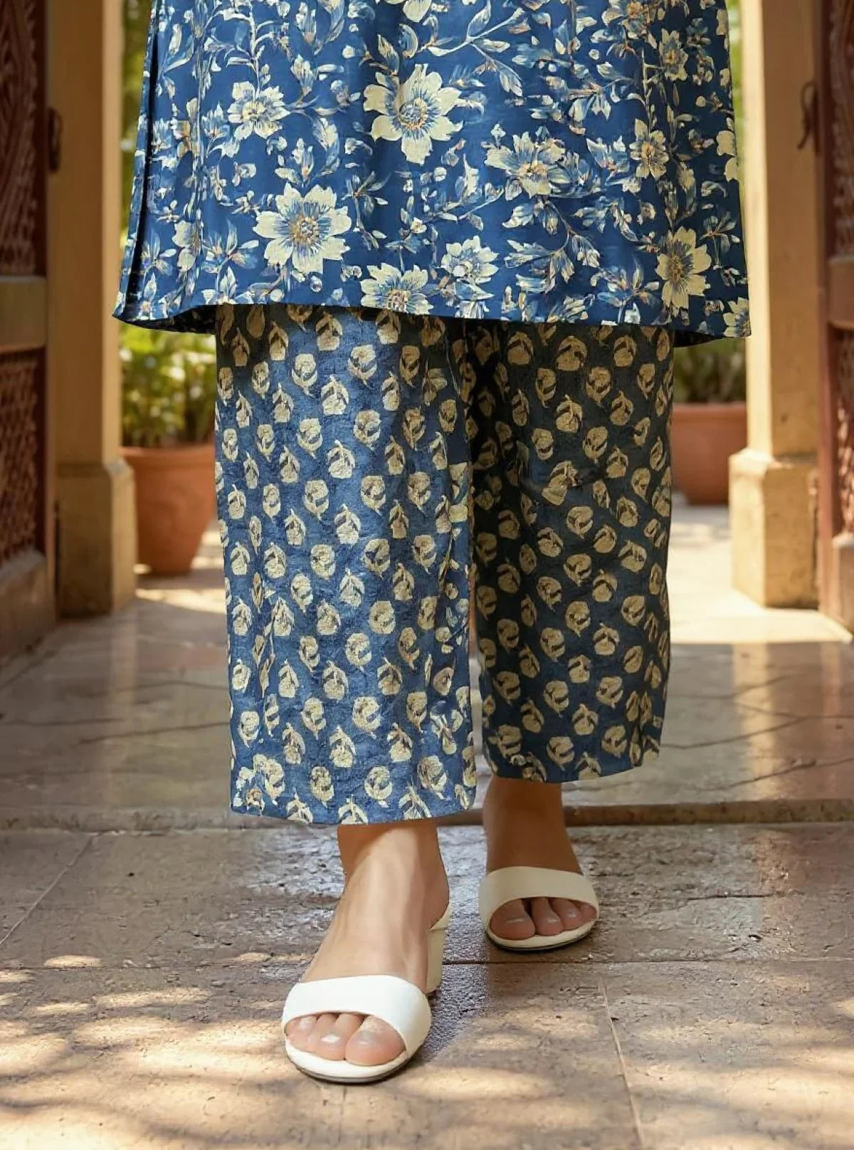 Buy Cotton Embroidered Straight Calf Length Kurta with Pant and Dupatta-Blue