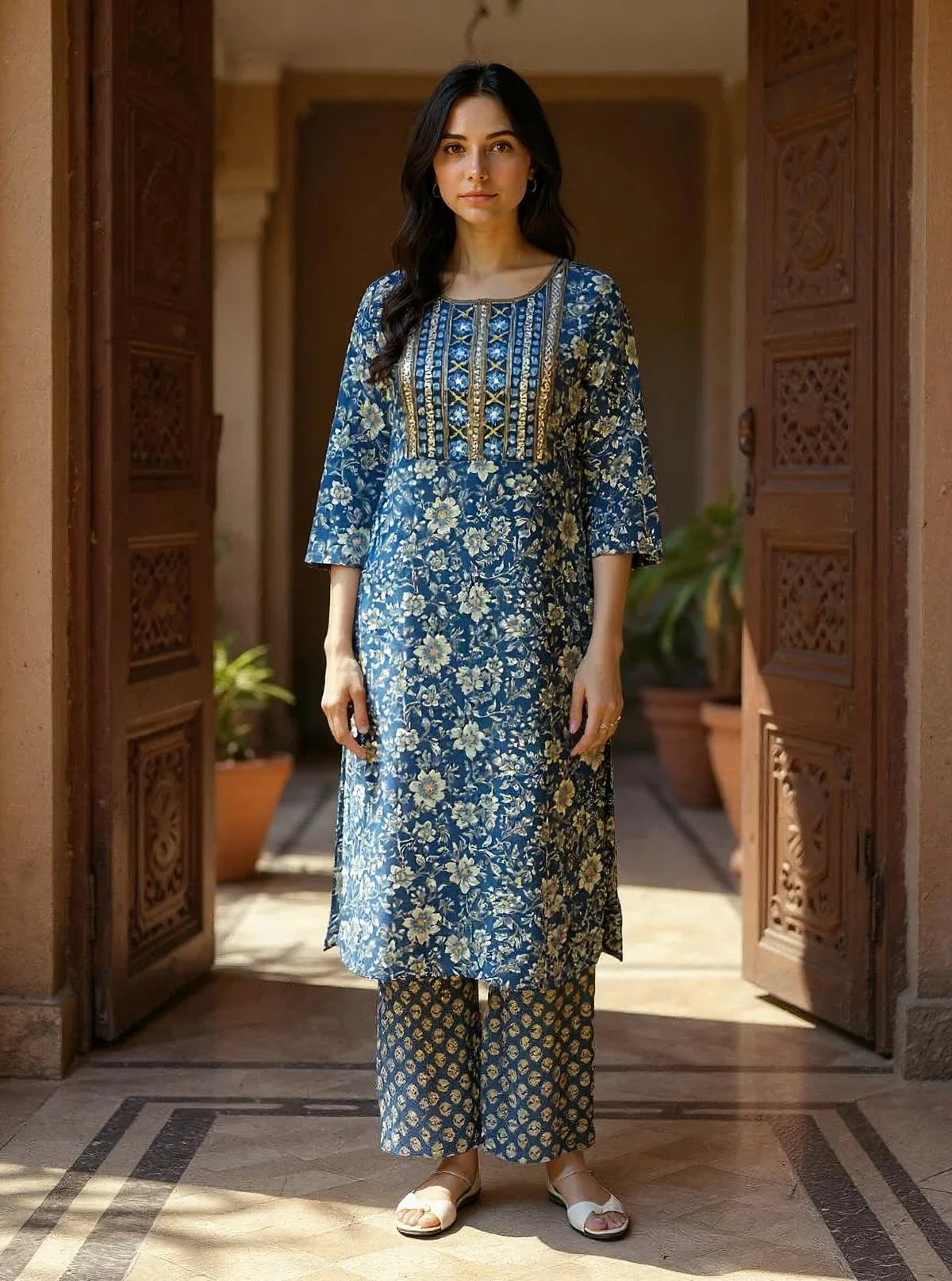 Buy Cotton Embroidered Straight Calf Length Kurta with Pant and Dupatta-Blue