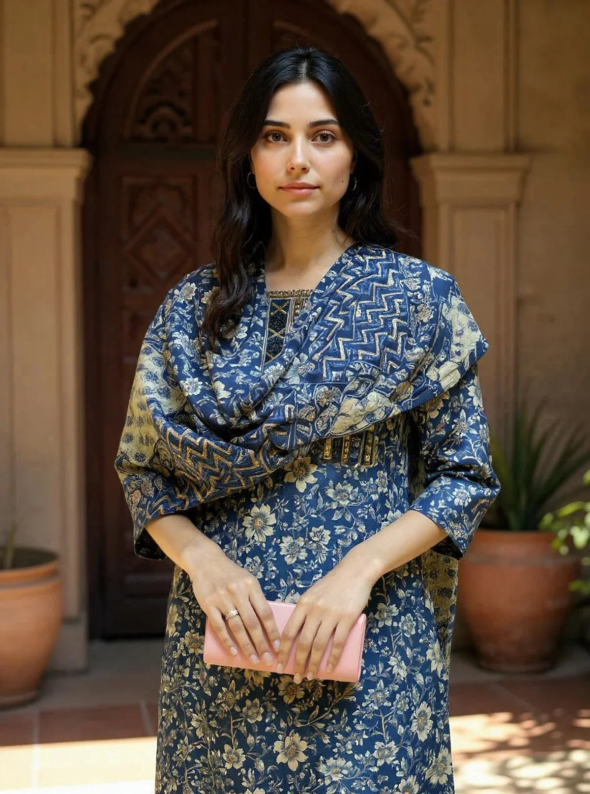Buy Cotton Embroidered Straight Calf Length Kurta with Pant and Dupatta-Blue