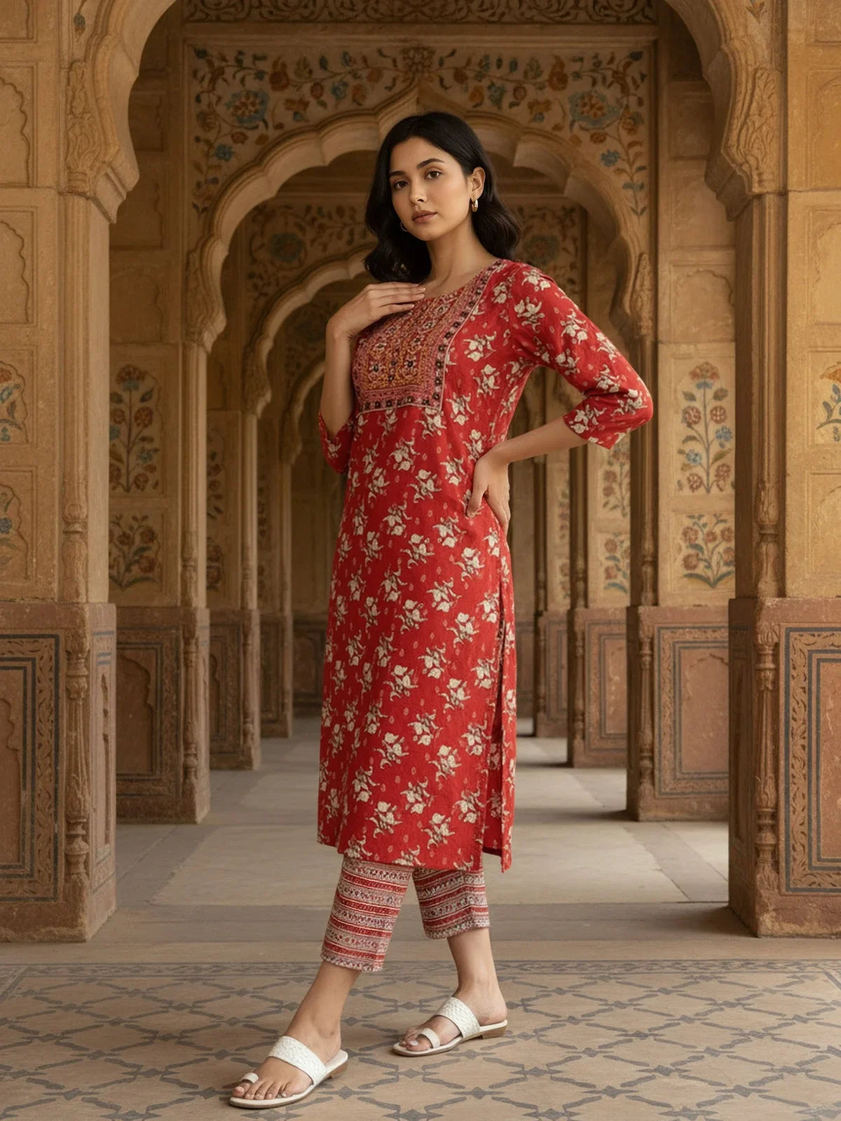 Buy Cotton EmbroideStraight Calf Length Kurta with Pant-Red