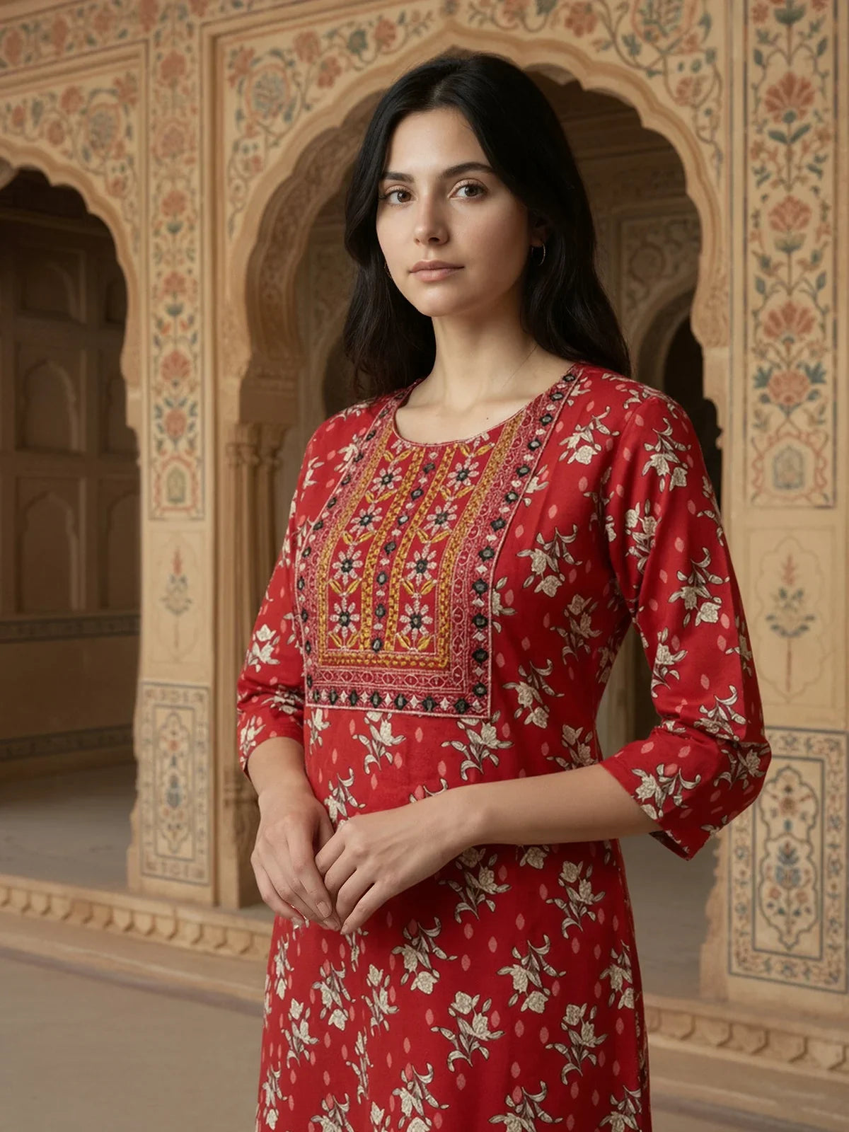 Buy Cotton EmbroideStraight Calf Length Kurta with Pant-Red