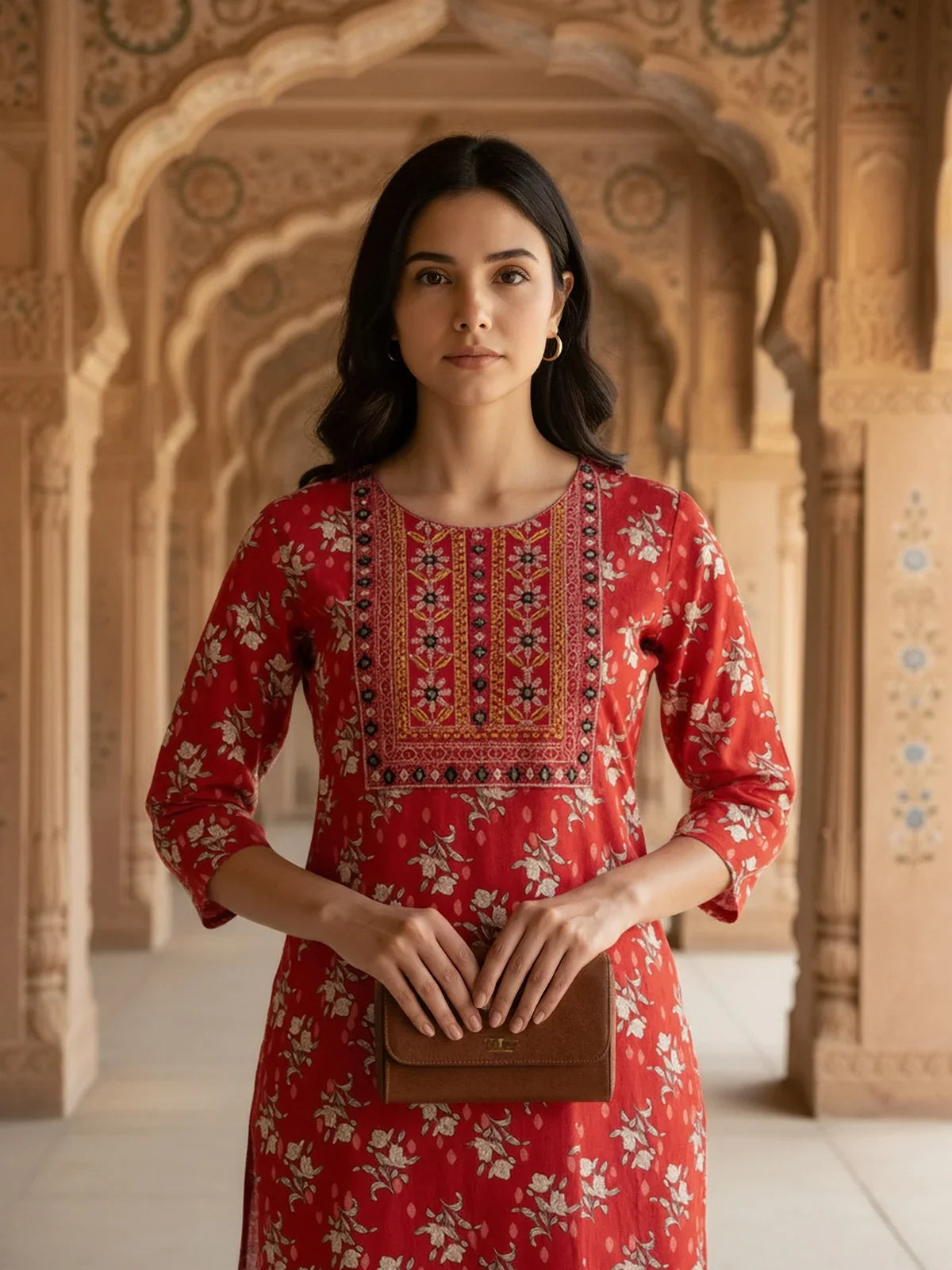 Buy Cotton EmbroideStraight Calf Length Kurta with Pant-Red