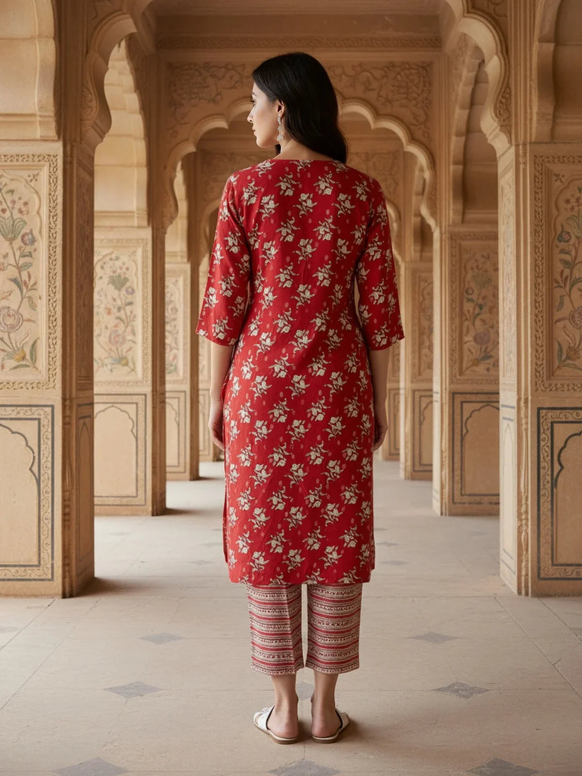 Buy Cotton EmbroideStraight Calf Length Kurta with Pant-Red