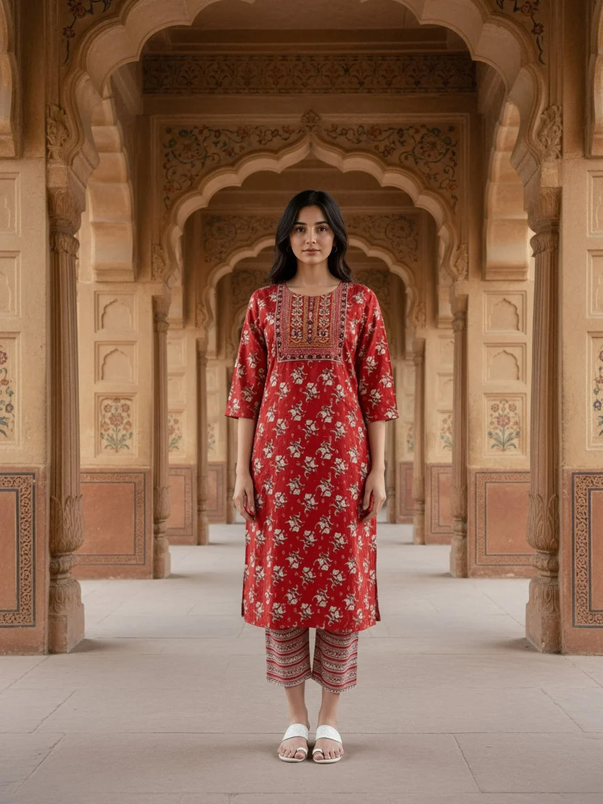 Buy Cotton EmbroideStraight Calf Length Kurta with Pant-Red