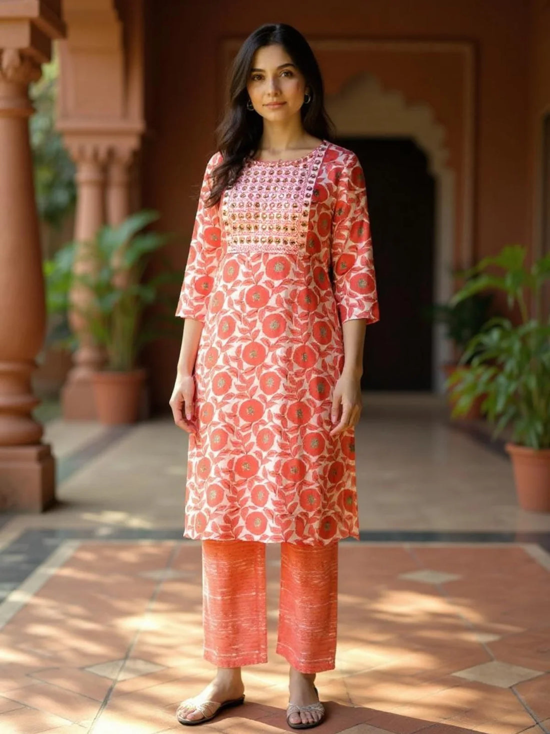 Buy Rayon Embroidered Straight Calf Length Kurta with Pant-Coral