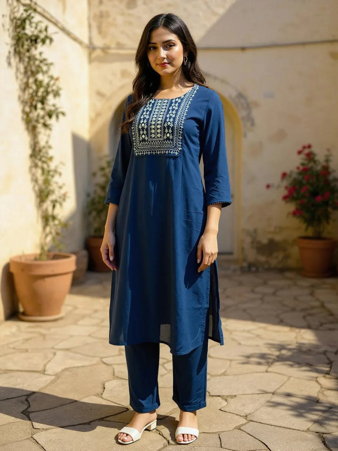 Buy Rayon Embroidered Straight Calf Length Straight Kurta with Pant-Navy Blue