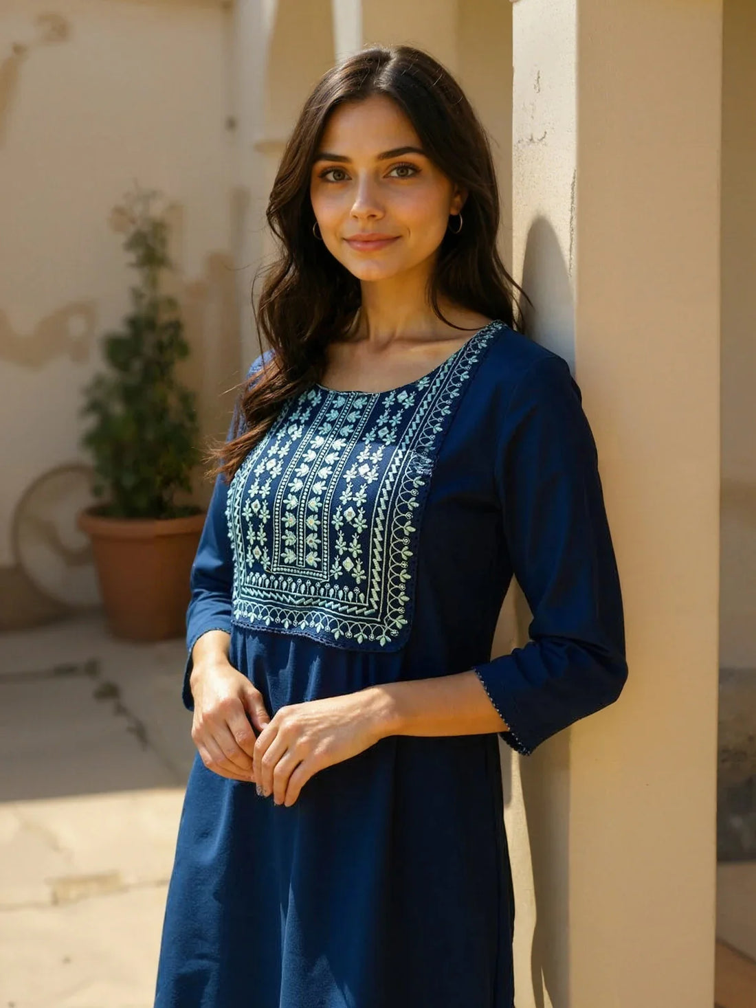 Buy Rayon Embroidered Straight Calf Length Straight Kurta with Pant-Navy Blue