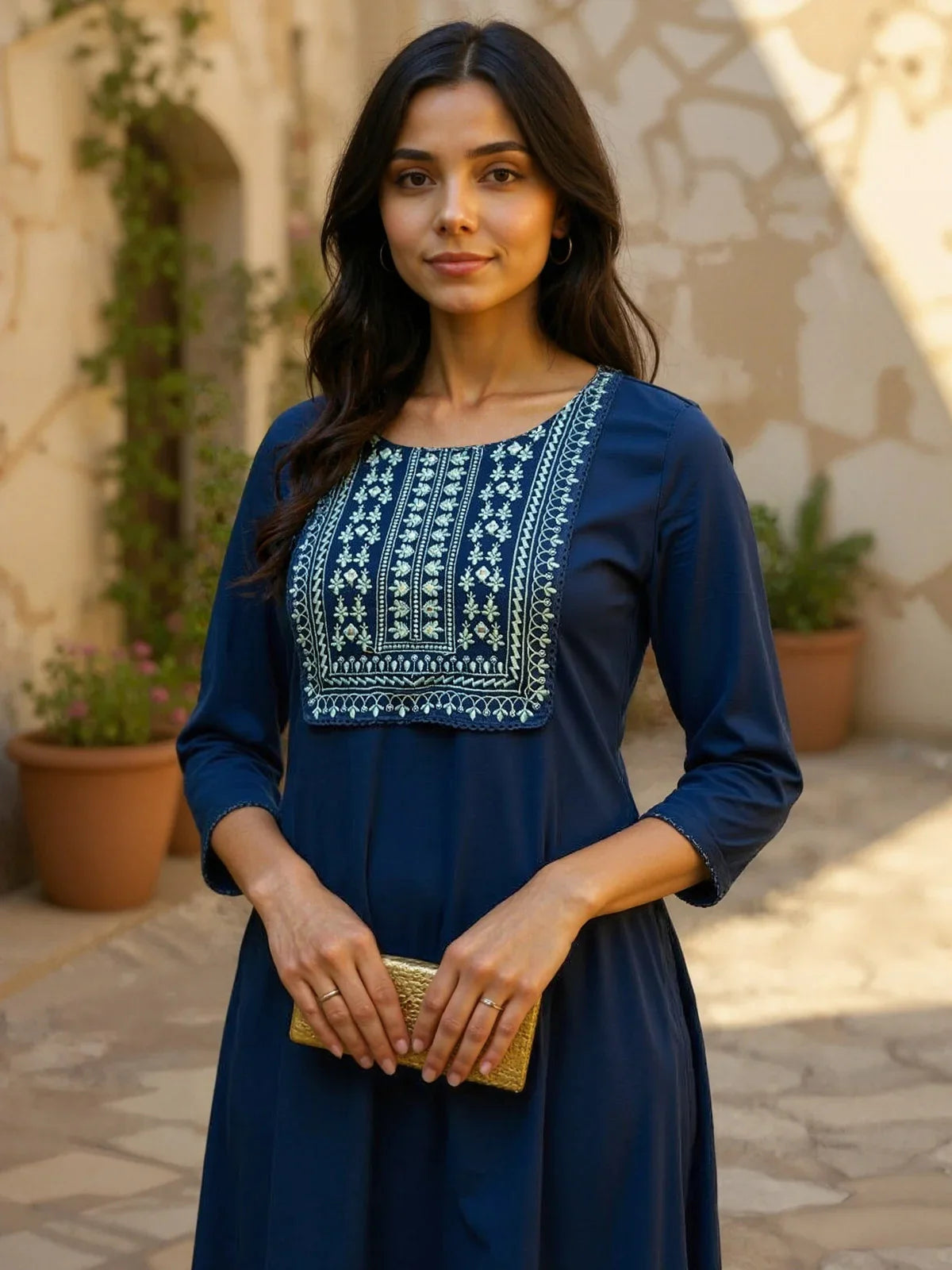 Buy Rayon Embroidered Straight Calf Length Straight Kurta with Pant-Navy Blue