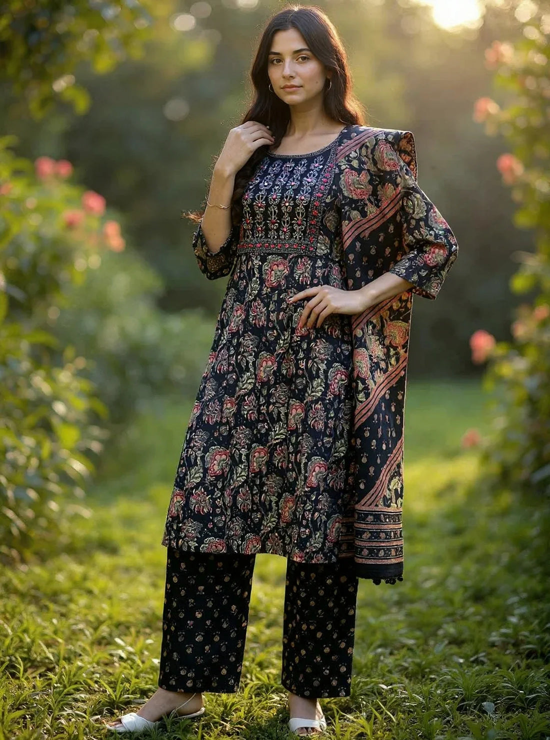 Buy Cotton Embroidered Straight Calf Length Kurta with Pant and Dupatta-Black