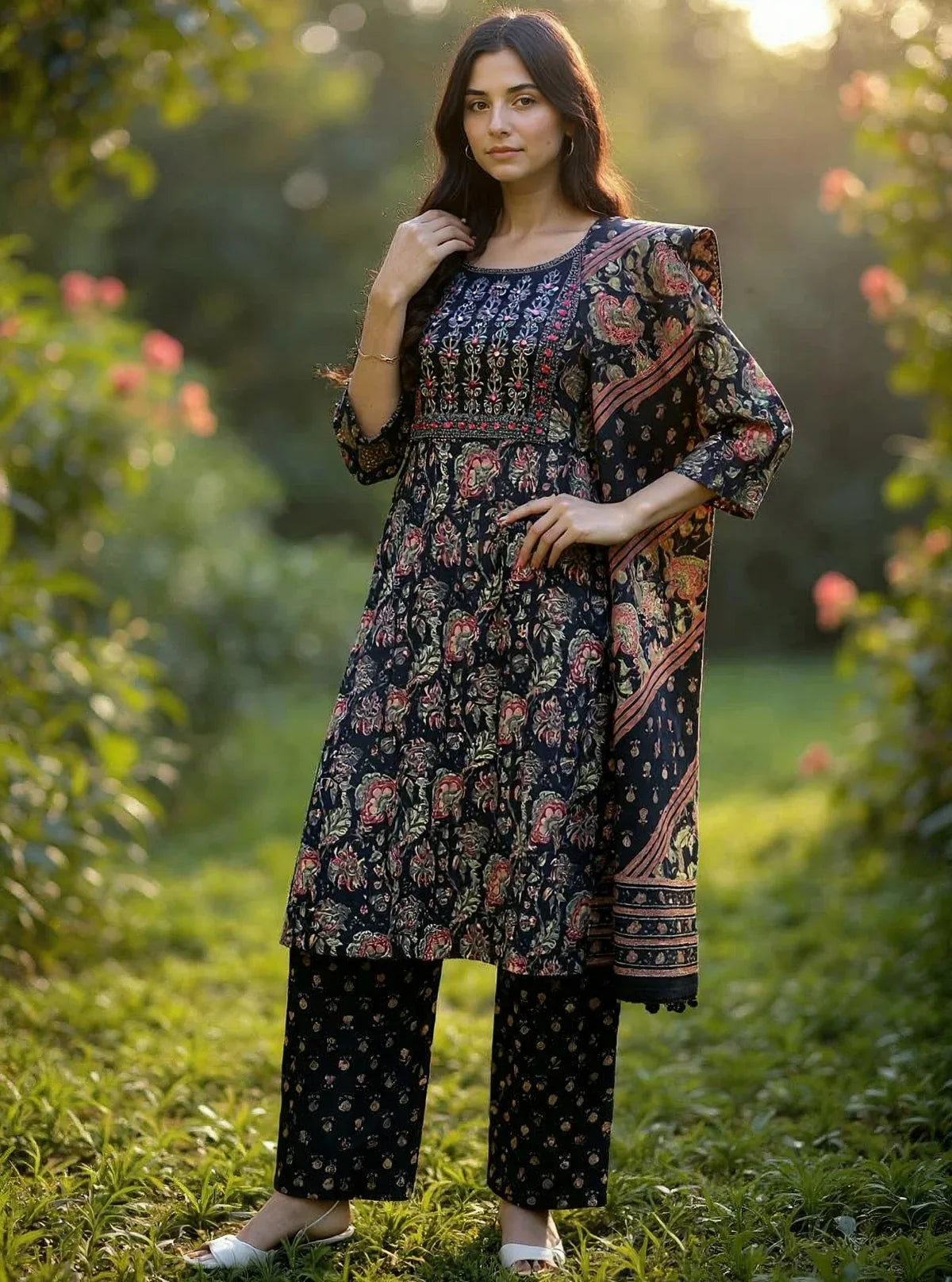 Buy Cotton Embroidered Straight Calf Length Kurta with Pant and Dupatta-Black