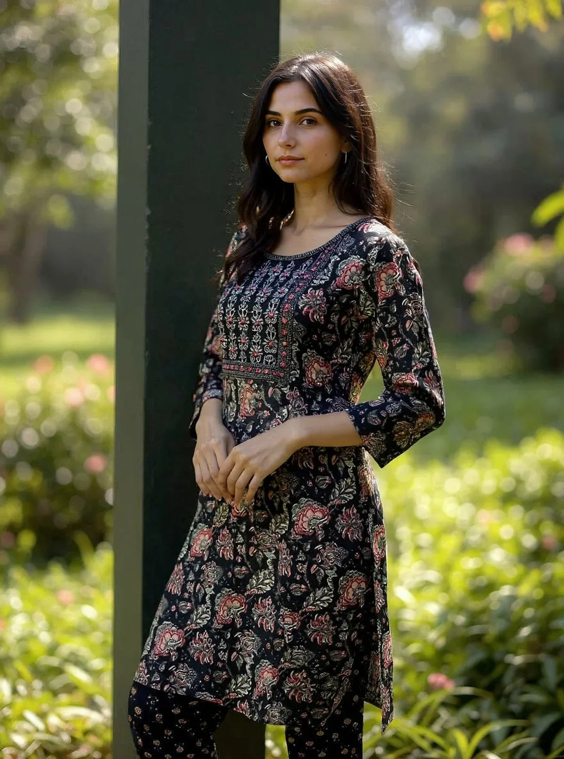 Buy Cotton Embroidered Straight Calf Length Kurta with Pant and Dupatta-Black