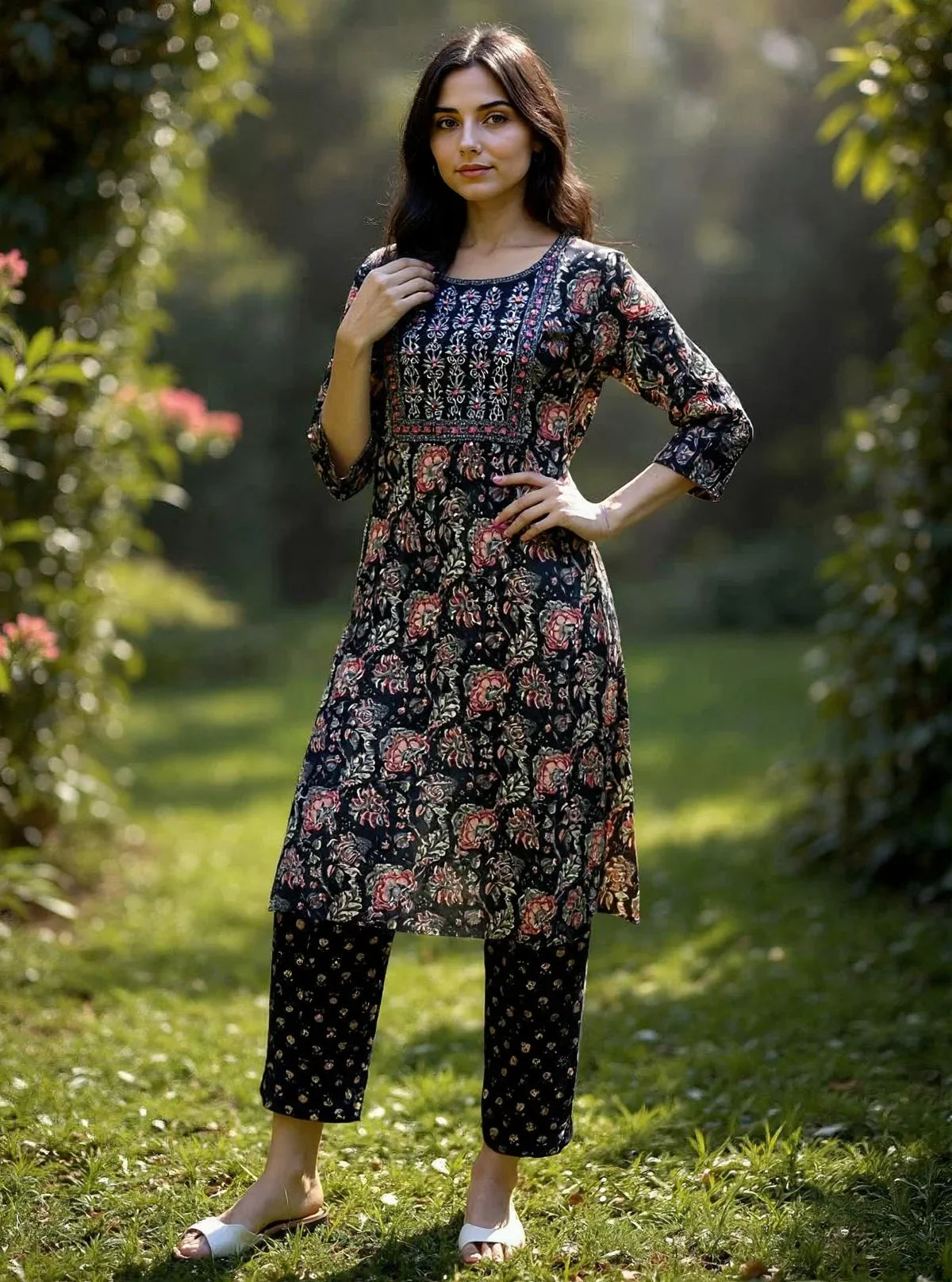 Buy Cotton Embroidered Straight Calf Length Kurta with Pant and Dupatta-Black