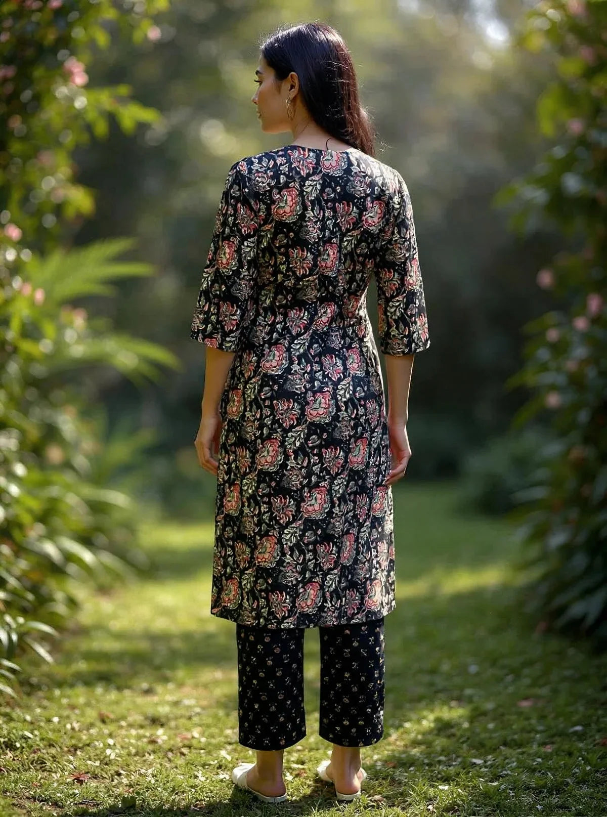 Buy Cotton Embroidered Straight Calf Length Kurta with Pant and Dupatta-Black