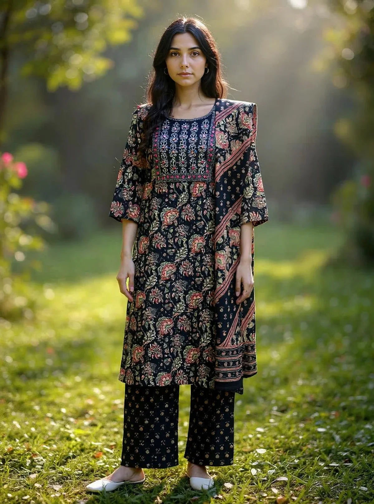Buy Cotton Embroidered Straight Calf Length Kurta with Pant and Dupatta-Black