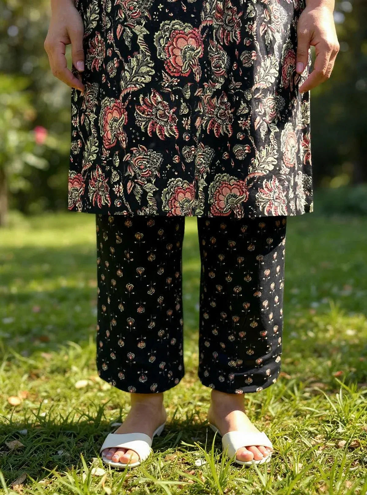 Buy Cotton Embroidered Straight Calf Length Kurta with Pant and Dupatta-Black