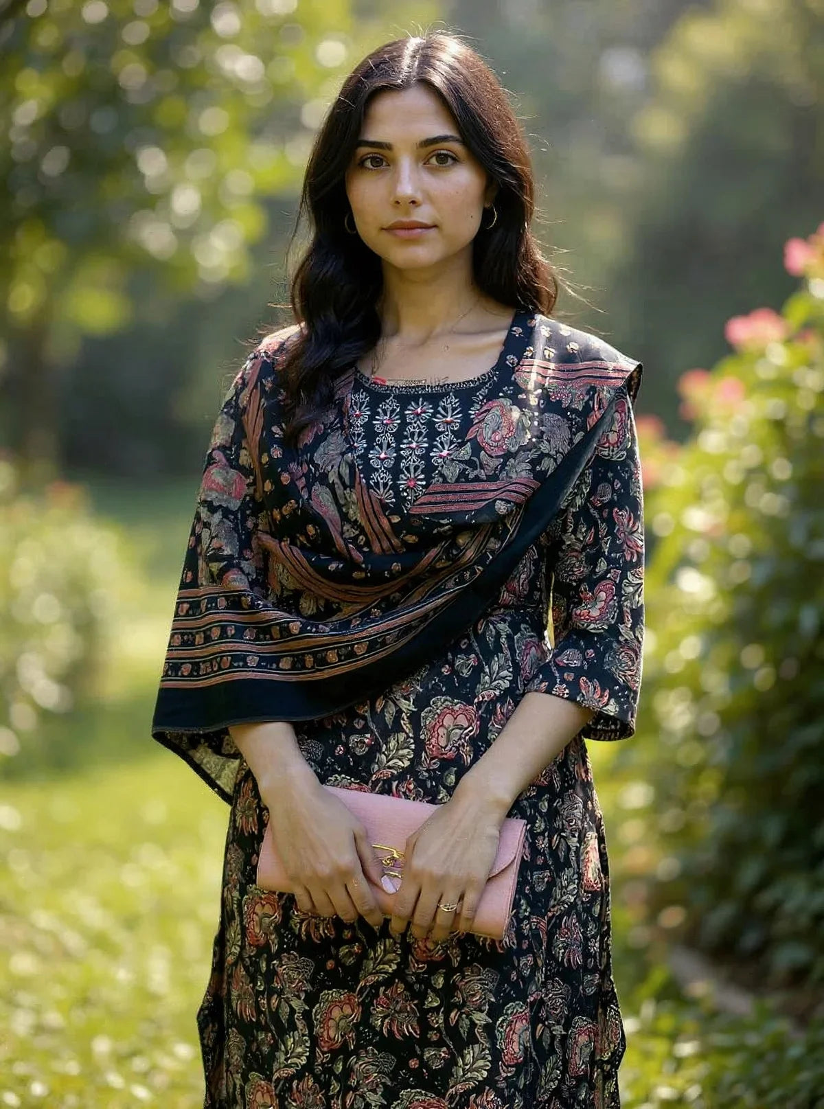 Buy Cotton Embroidered Straight Calf Length Kurta with Pant and Dupatta-Black