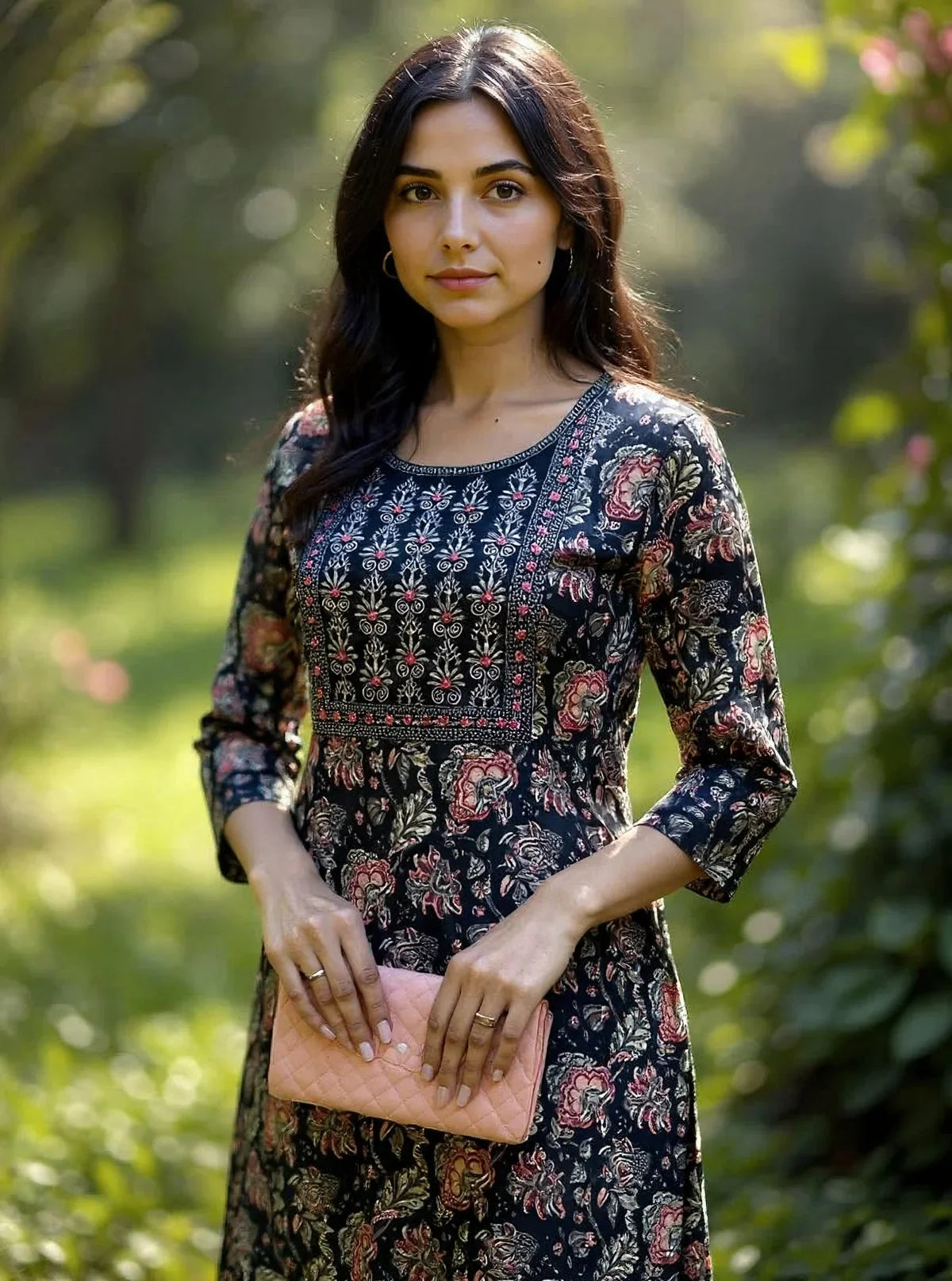 Buy Cotton Embroidered Straight Calf Length Kurta with Pant and Dupatta-Black