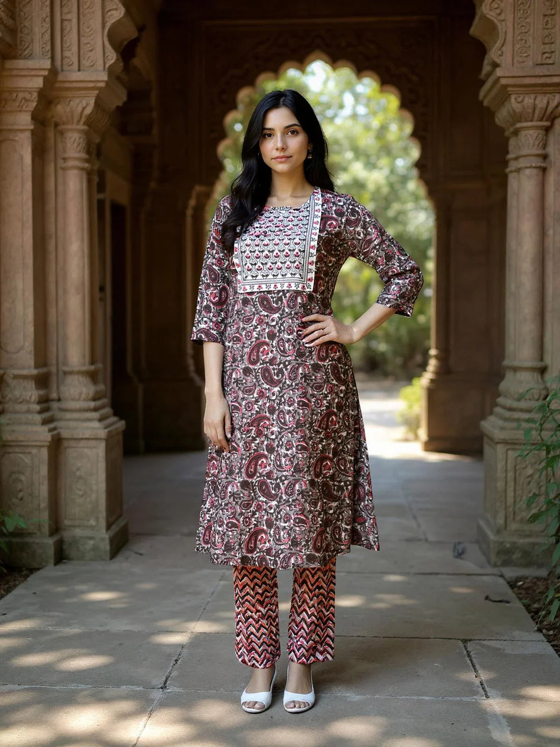 Buy Cotton Embroidered Straight Calf Length Kurta with Pant and Dupatta-Brown