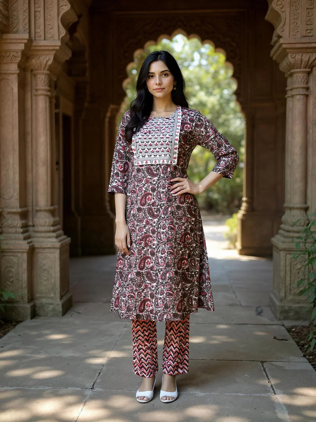 Buy Cotton Embroidered Straight Calf Length Kurta with Pant and Dupatta-Brown