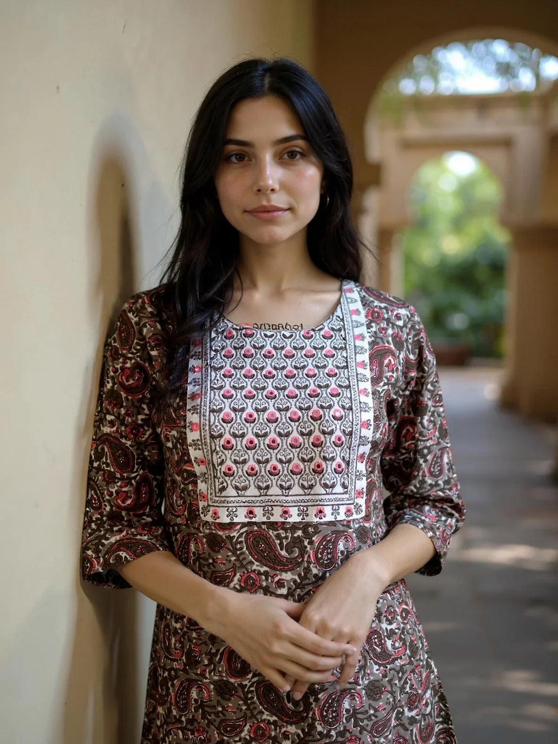 Buy Cotton Embroidered Straight Calf Length Kurta with Pant and Dupatta-Brown