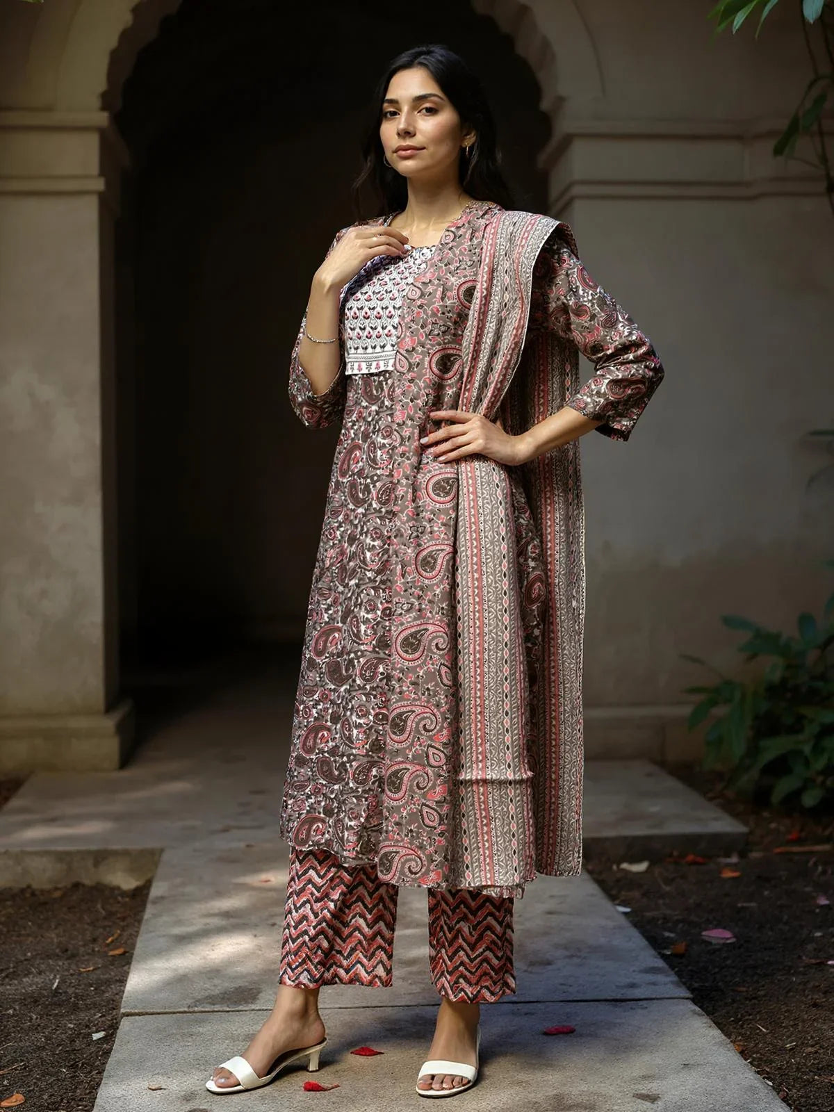 Buy Cotton Embroidered Straight Calf Length Kurta with Pant and Dupatta-Brown