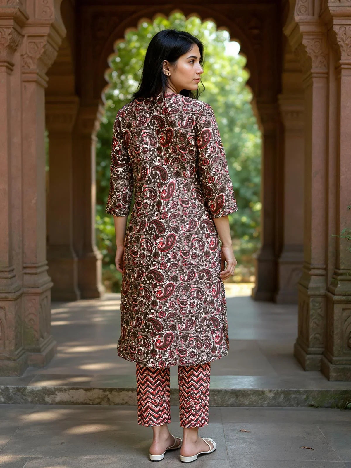 Buy Cotton Embroidered Straight Calf Length Kurta with Pant and Dupatta-Brown