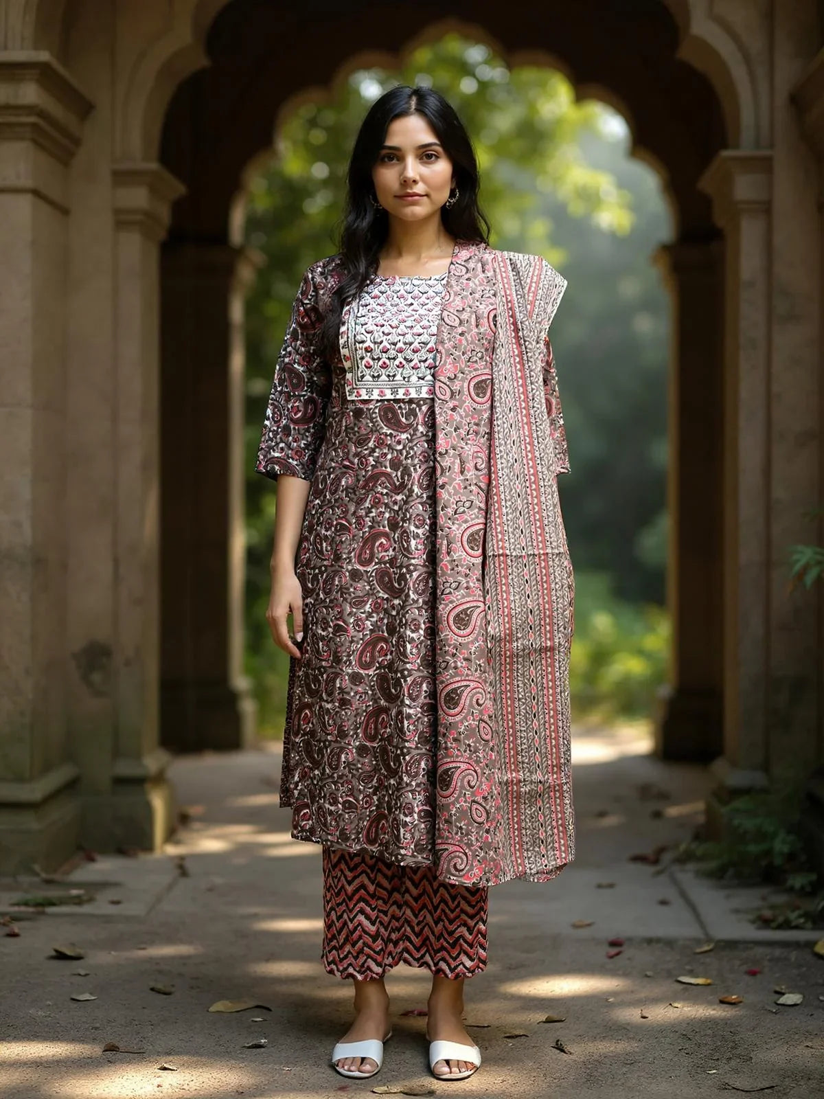 Buy Cotton Embroidered Straight Calf Length Kurta with Pant and Dupatta-Brown